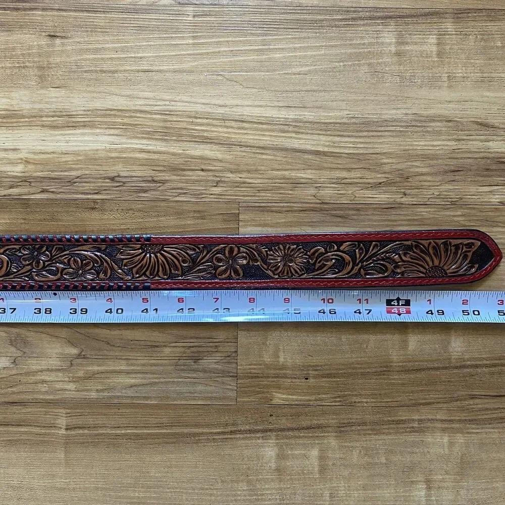 American Darling 44 Red Floral Hand Tooled Leather Belt Western Unisex USA Rodeo